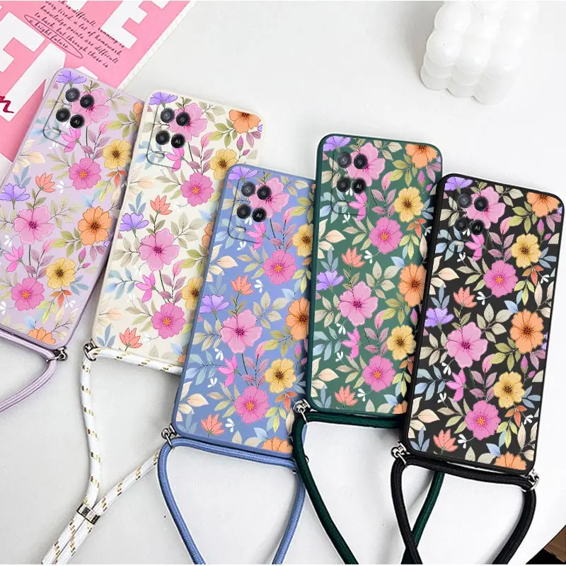 Elegant Purple Floral Lanyard Silicone Phone Case with Adjustable Strap