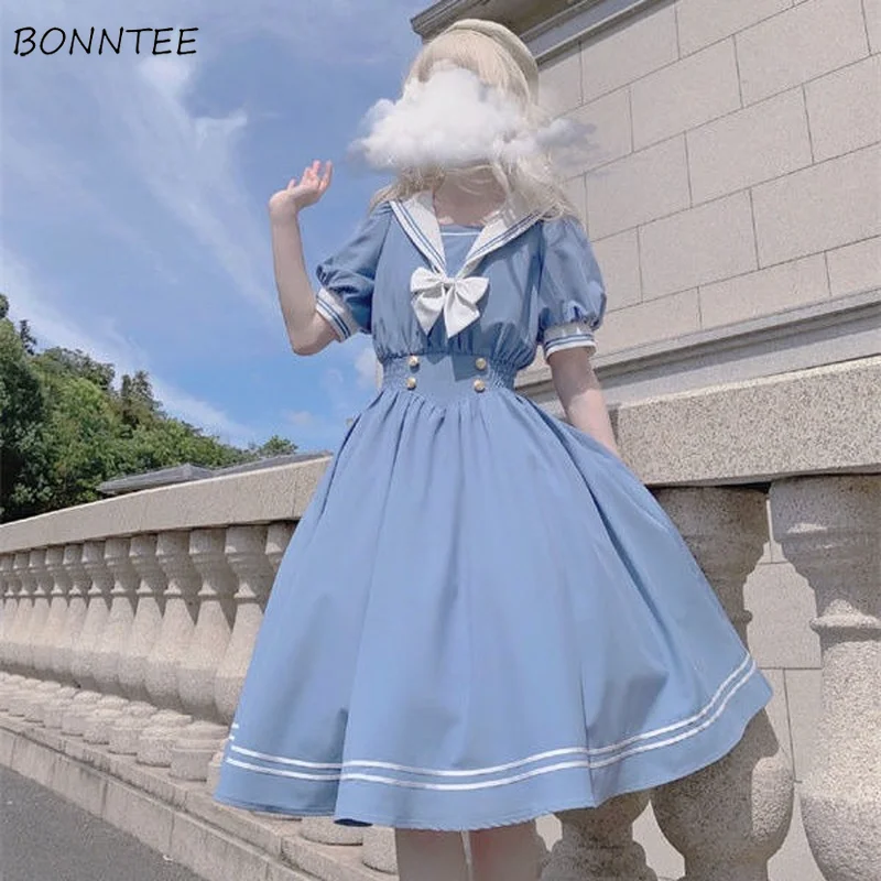 

Short Puff Sleeve Dress Women Sailor Collar Kawaii Sweet Bow-knot Japanese Style Retro Preppy Cute Streetwear Trendy Cozy 2022