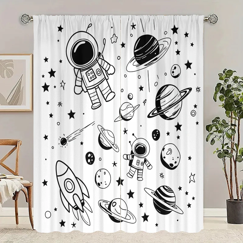 Astronaut Rocket -2 adet baskılı perde, % 100% polyester, ev dekorasyonu için uygun (çubuklar hariç)