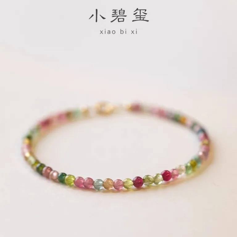 

Ultra Fine Rainbow Natural Tourmaline Bracelet Women's 14k Gold Plated Watermelon Colorful Summer Gift