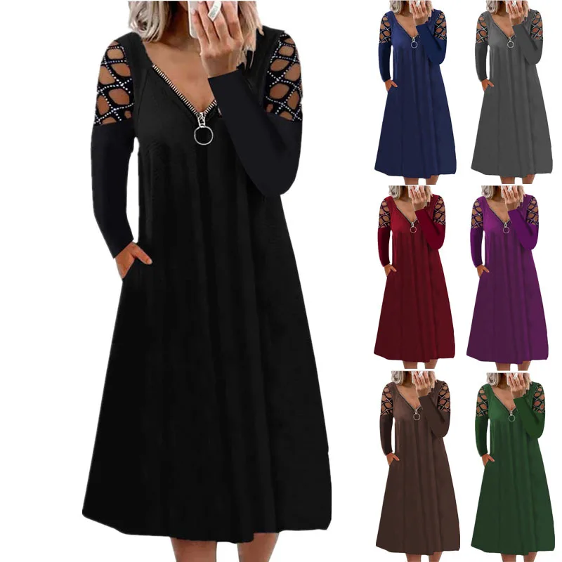 

Fashion women's clothing of new fund of autumn winters v-neck pure color hollow-out long-sleeved drills very casual dress