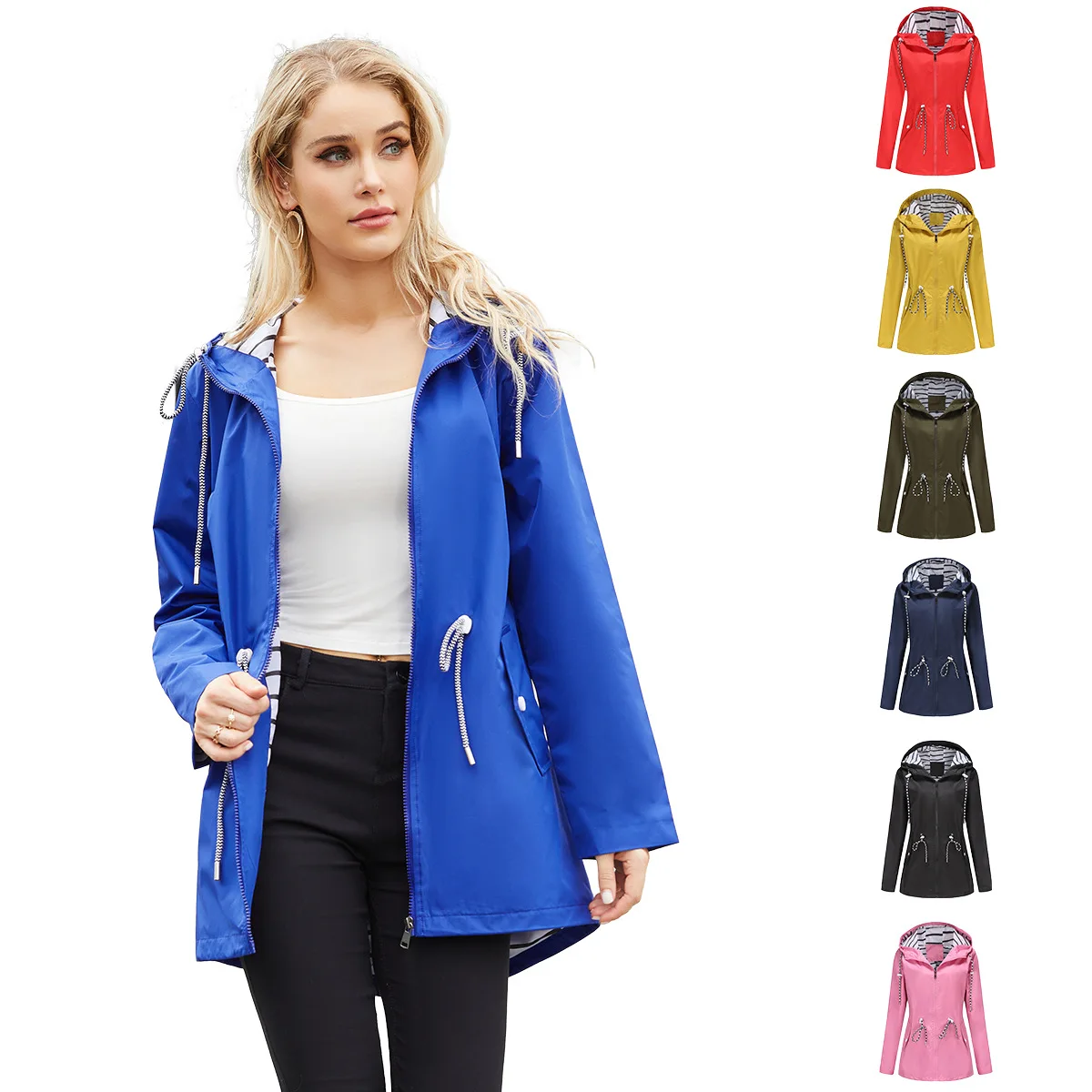 

2023 European and American new long-sleeved waterproof long trench coat women's hooded striped raincoat women's clothing