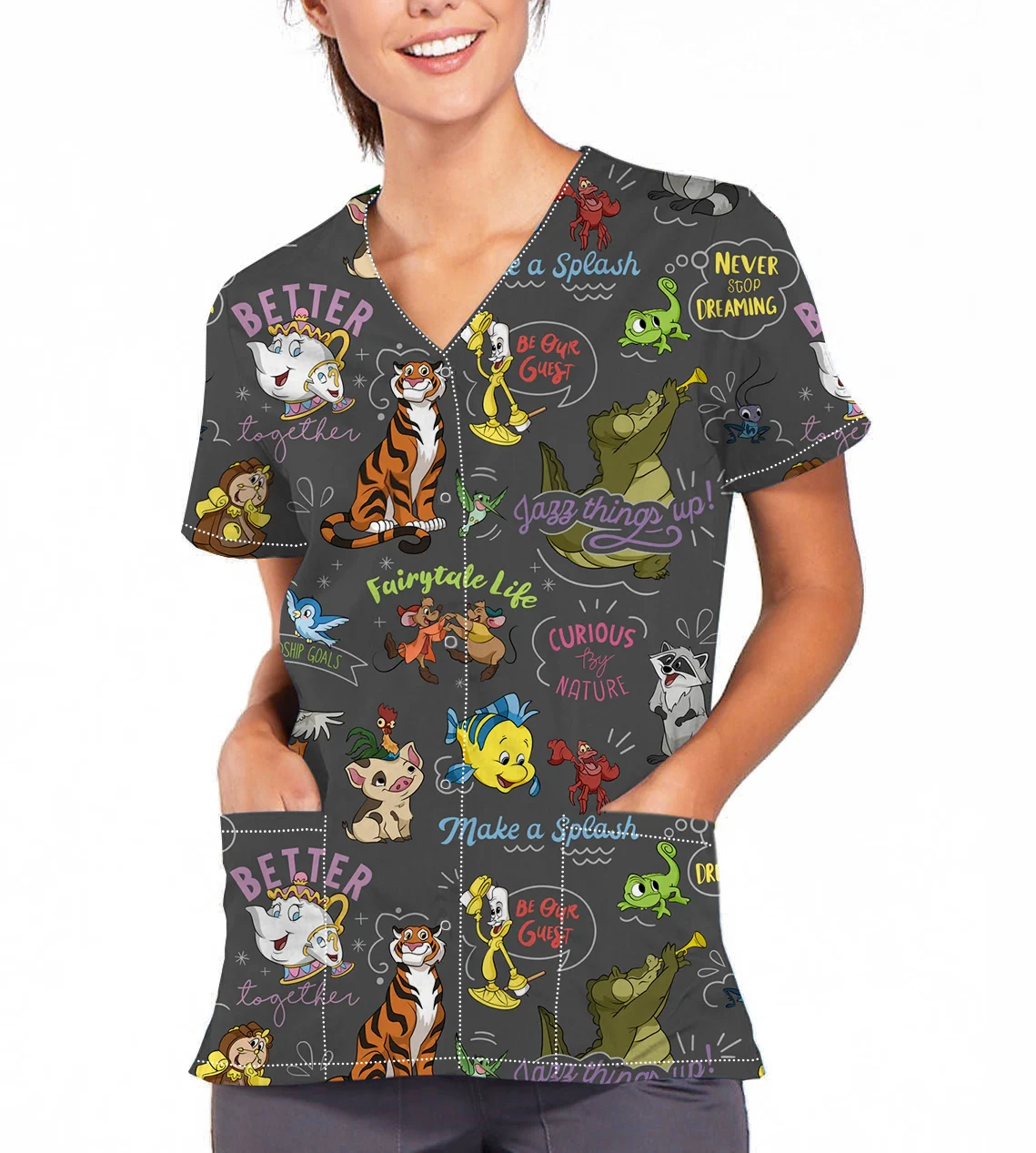 

Women's Hospital Garment Print Disney Cartoon Animal Pocket V-Neck Print Scrub Top Laboratory Nursing Garment Jacket Top