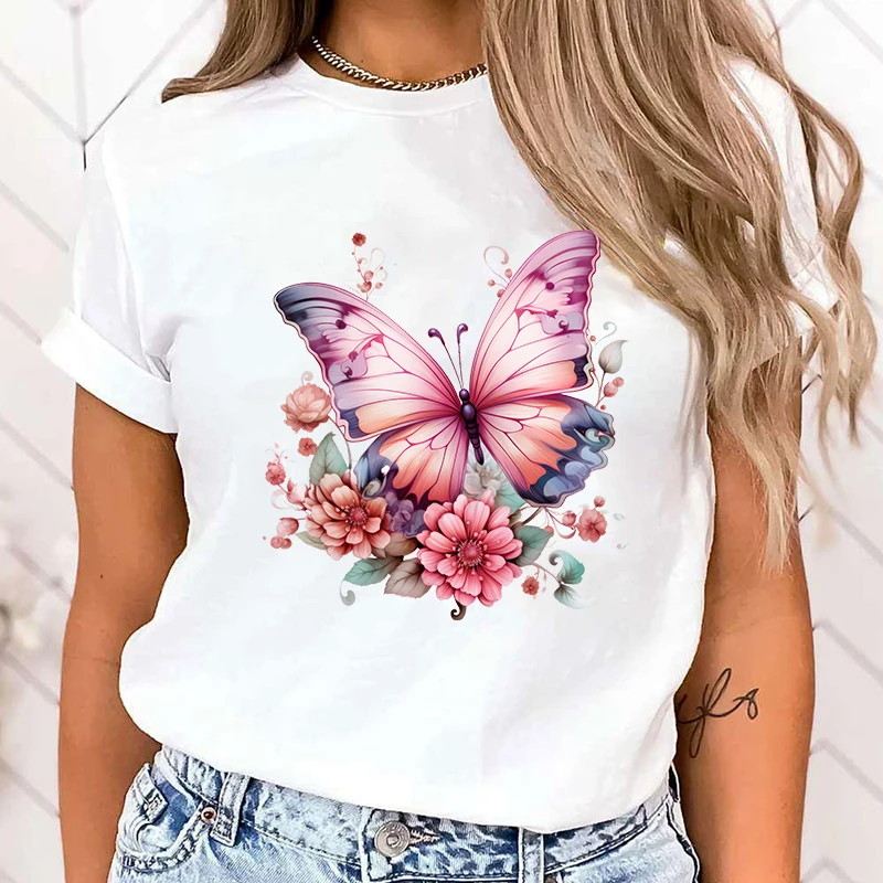 

(High Quality Clothes)13 Colors Women Fashion Short Sleeve Tee Shirt Butterfly Print T Shirt Casual Loose Summer Cool T-Shirt