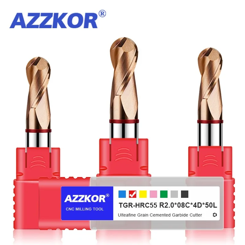 

Карбид вольфрамовой стали для стального фрезерного резака AZZKOR 2F с цветным кольцевым покрытием CNC механические шаровые концевые фрезы инструменты
