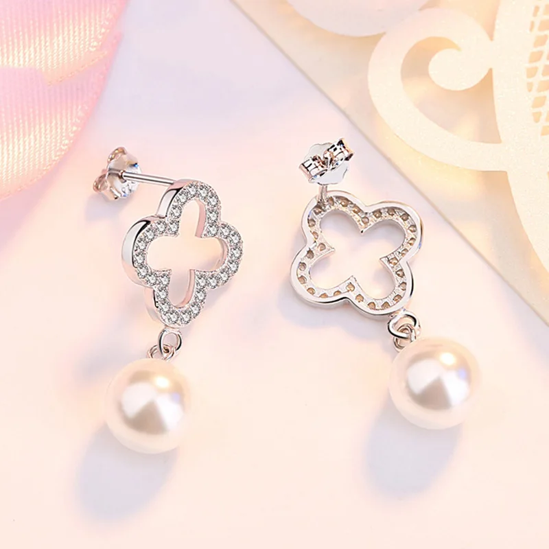 Authentic 925 Sterling Silver Earring Openwork Clover Pearl Crystal Stud Earring For Women Girl Wedding Party Jewelry Gift