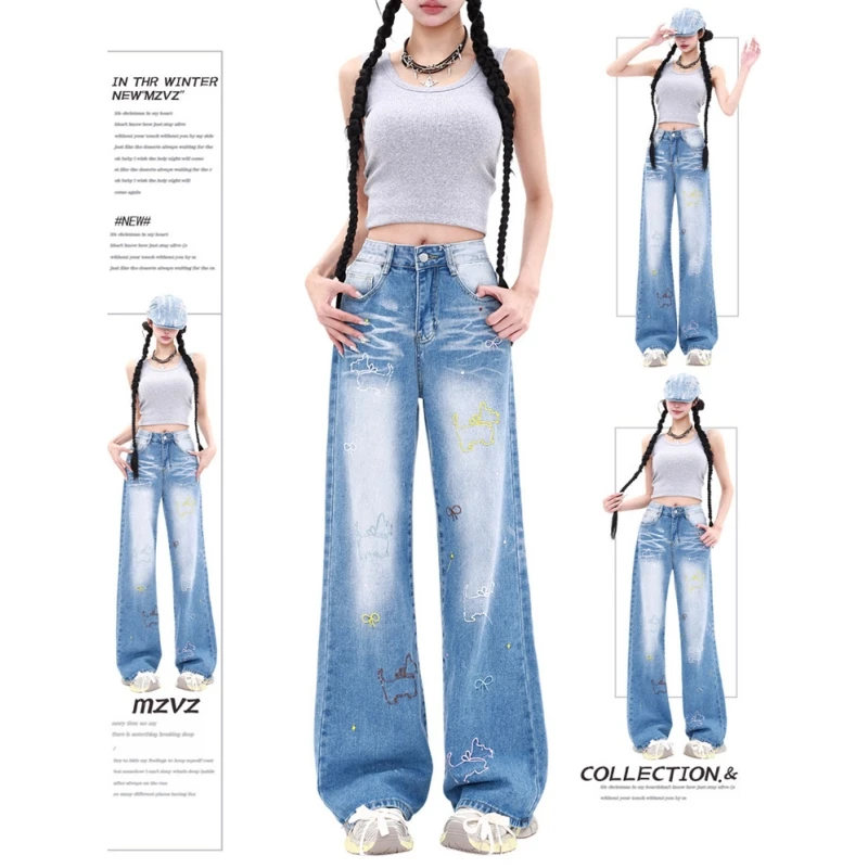 

Embroidery Blue Womens Jeans High Waist Straight Baggy Denim Pants Europe and America Fashion Y2K Female Wide Leg Denim Trouser