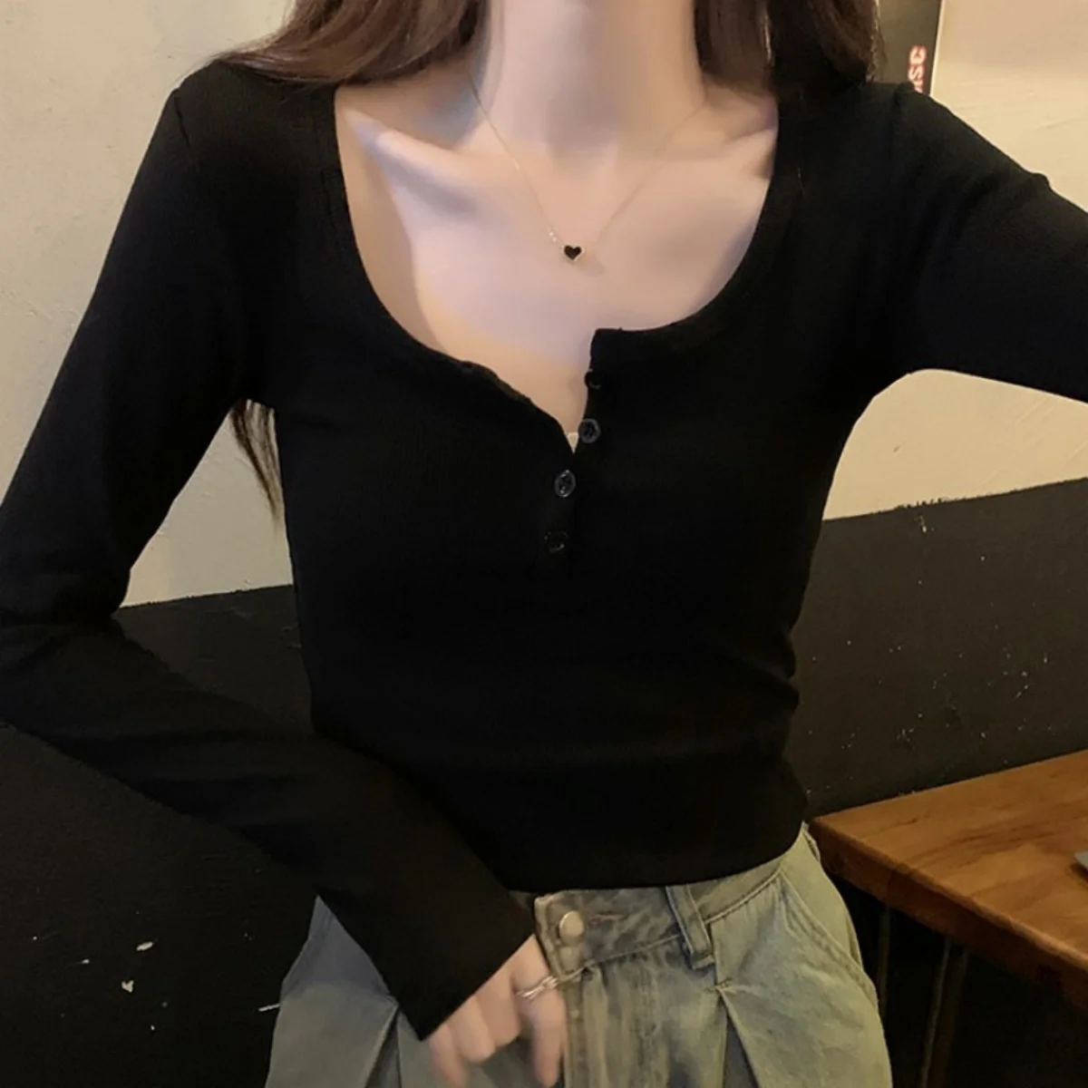 Women Threaded Slim T-Shirt Button Half Open Collar Long Sleeve Solid Color Fit Top Spring Autumn Daily Casual Fashion Clothing 3