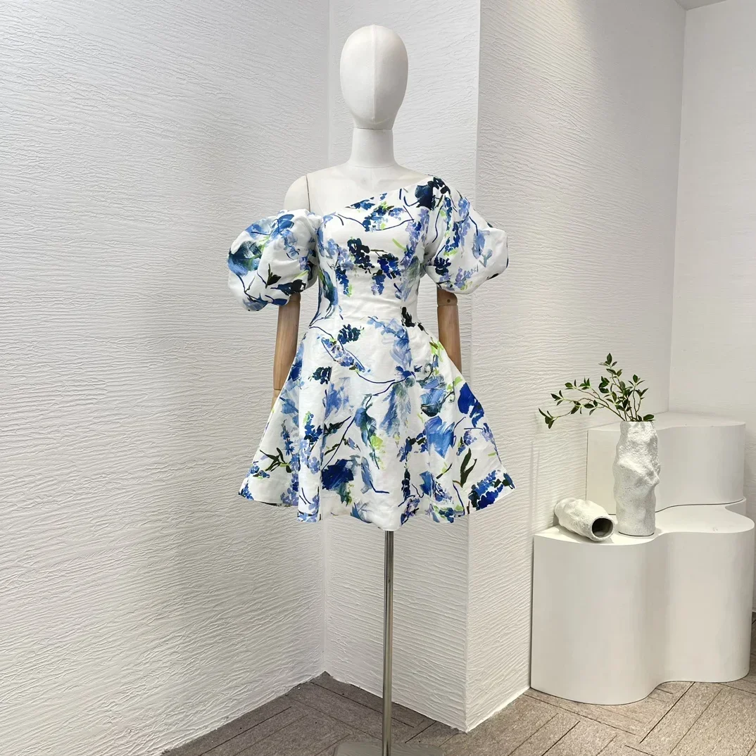 

2024 Latest High Quality Self Tie Back Bow Floral Printing High Stree Style Ruched Mini Dress for Women