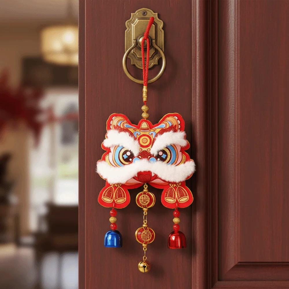 Traditional Chinese New Year Decoration Waking Lion with Bells Lunar New Year Ornament Cartoon Blessed Bag Pendant Office Wall