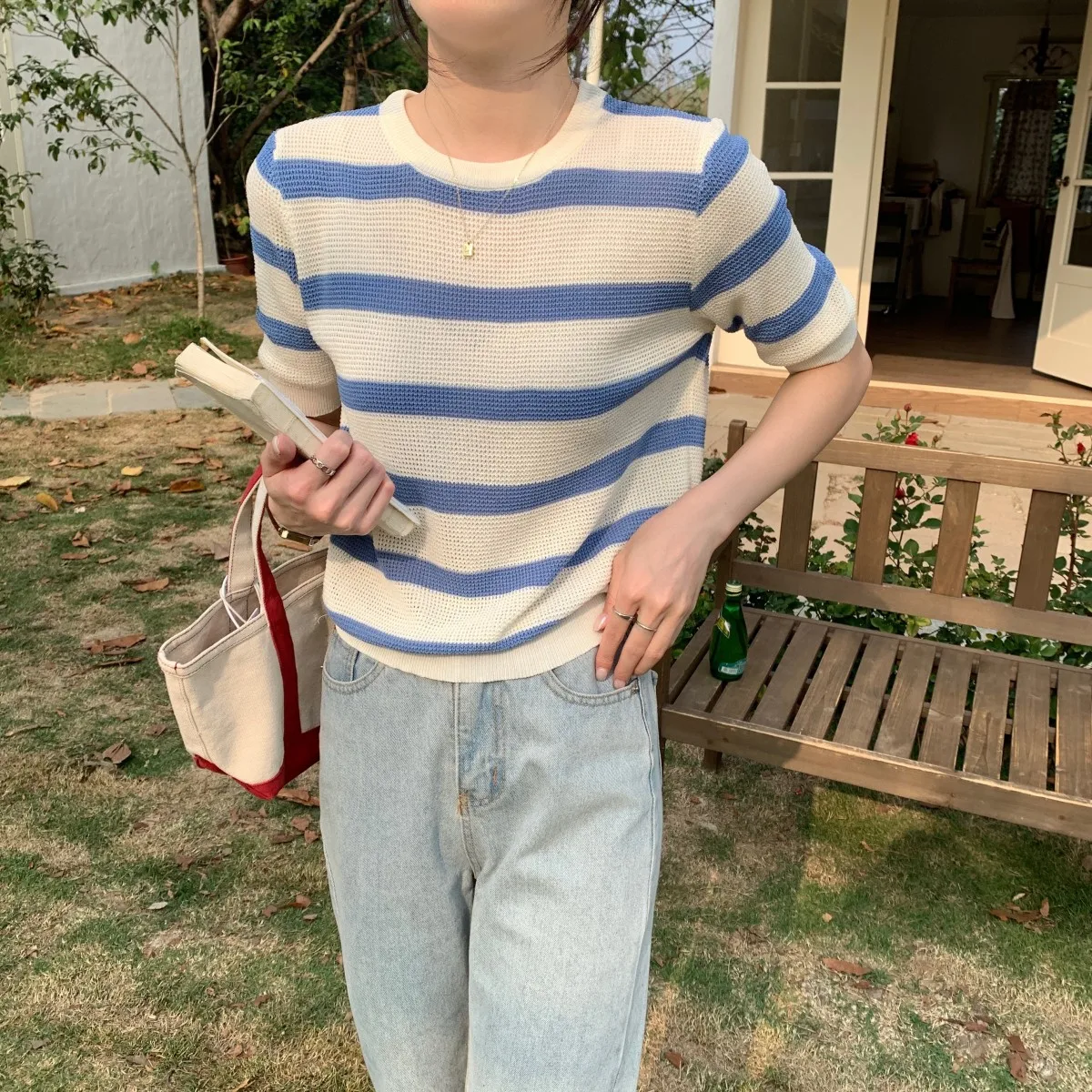 

Womens Shirt 2023 Summer Crewneck Loose Stripe Knit Sweater Short Sleeve Blouse Cropped Tops Tees Casual Streetwear