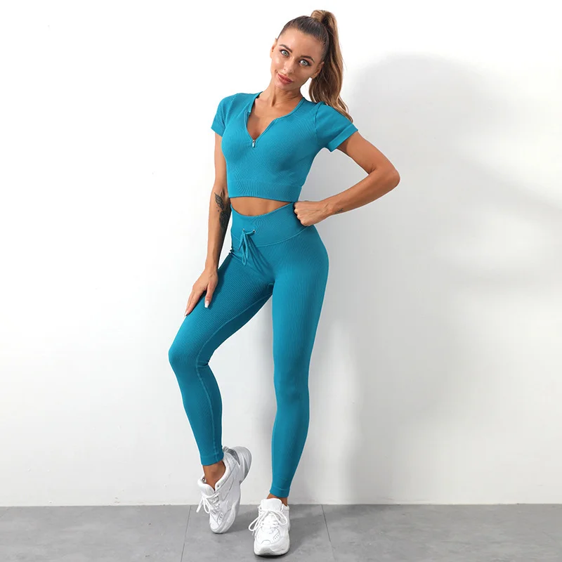 Seamless Yoga Set Zipper Top High Waist Sport Suit Workout Clothes For  Women Drawstring Leggings suit Outfit Wear