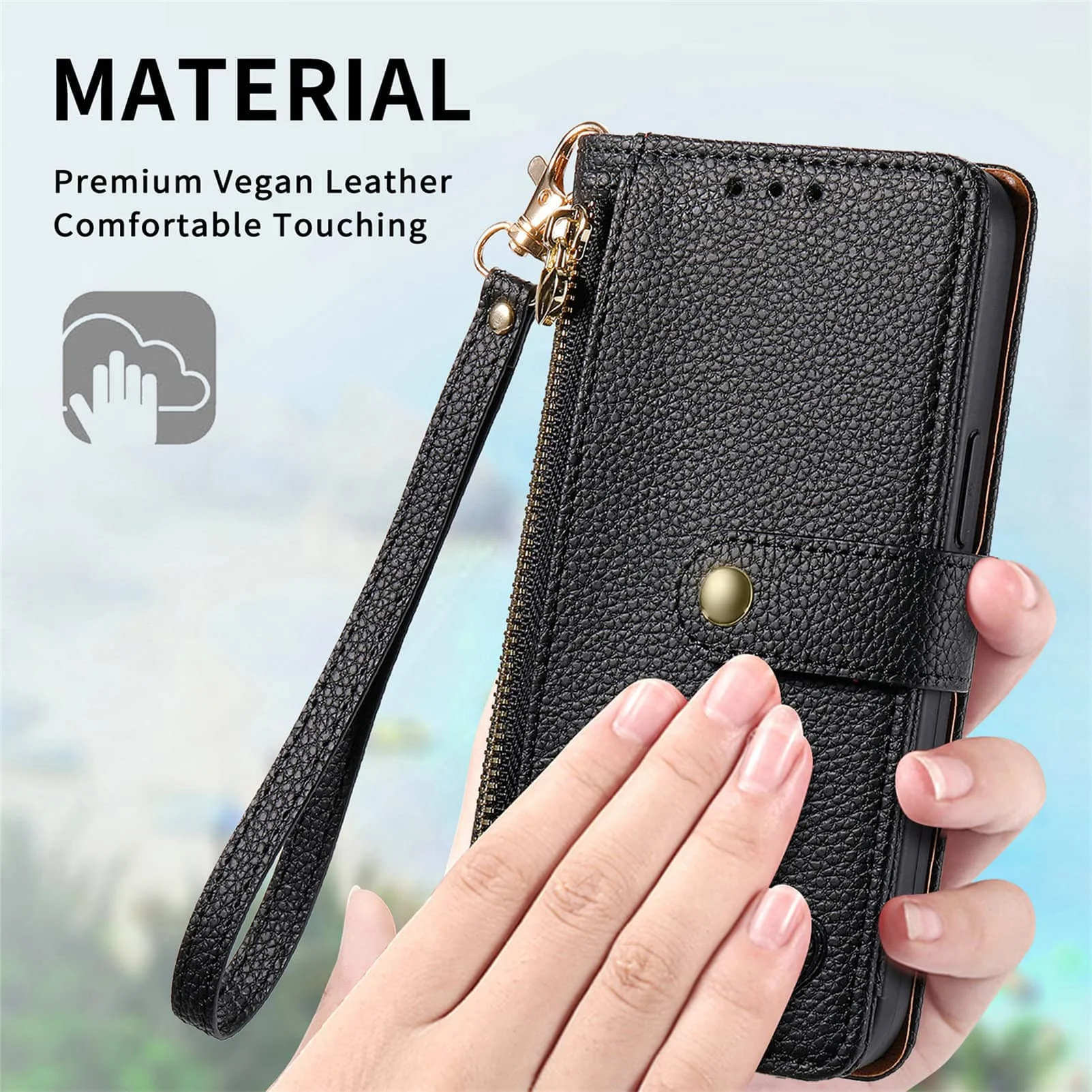 Premium Wallet Case with Zipper Pocket and Wrist Strap - Flip Card Holder Purse