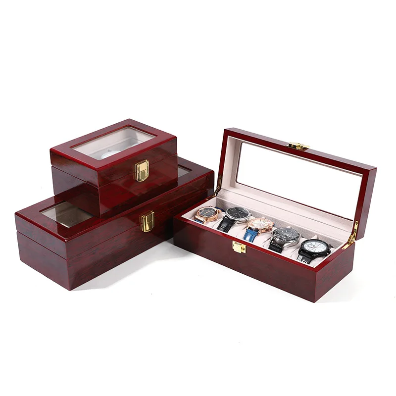 WellZone Eco-Friendly Red Wooden Watch Display Case with Multiple Compartments