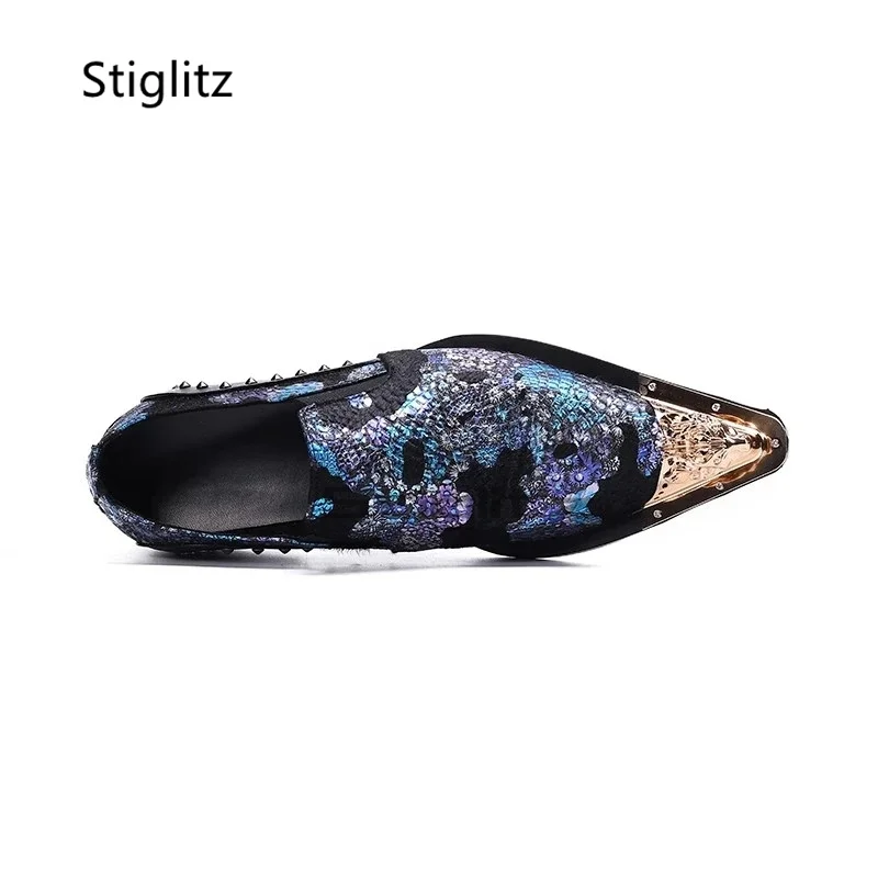 Metal Pointed Toe Print Men's Shoes Genuine Leather Dress Shoes Rivet Graffiti Formal Oxfords Flats Party Wedding Male Shoes