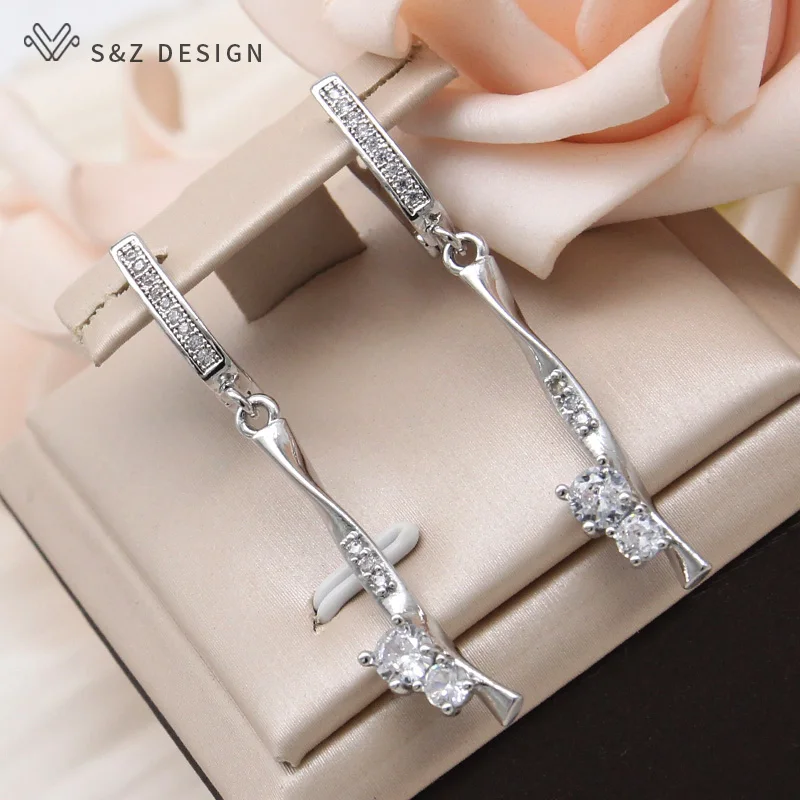 S&Z DESIGN New Fashion Long Spiral Round Cubic Zirconia Dangle Earrings For Women Trendy 585 Rose Gold Color Jewelry Gift