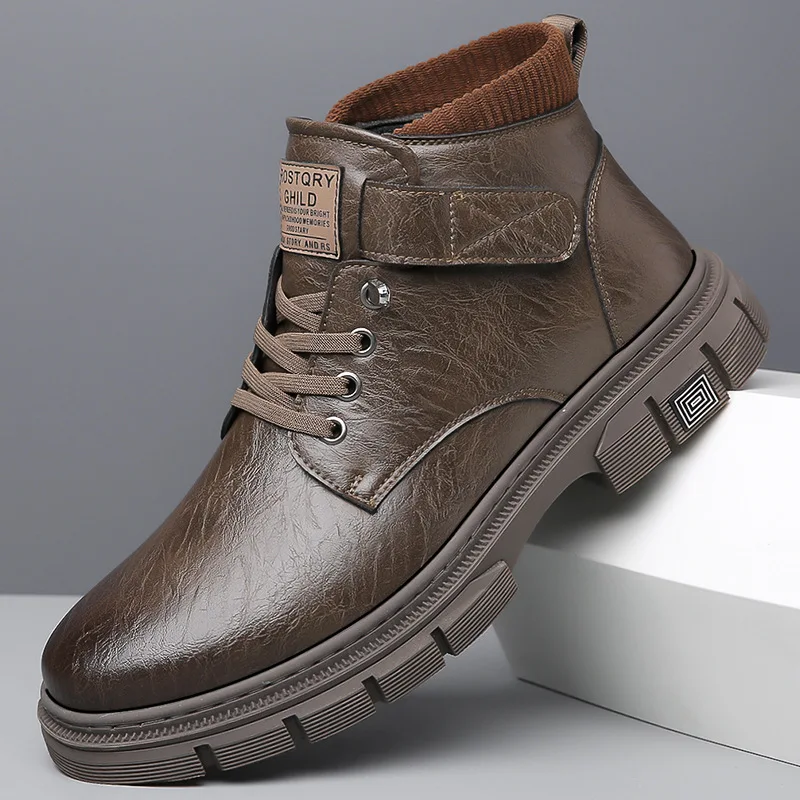 

Genuine Leather Boots Men's High Top Leather Shoes Men Retro Work Short Boots Anti-slip Botas De Hombre Bottines À Lacets Homme