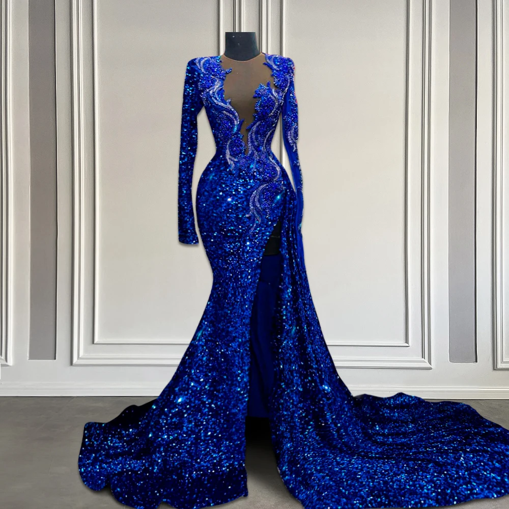 

Sparkly Royal Blue Sequin Long Sleeve Prom Dresses 2024 Beaded Applique Sexy Split Black Girls Long Mermaid Prom Gala Gowns