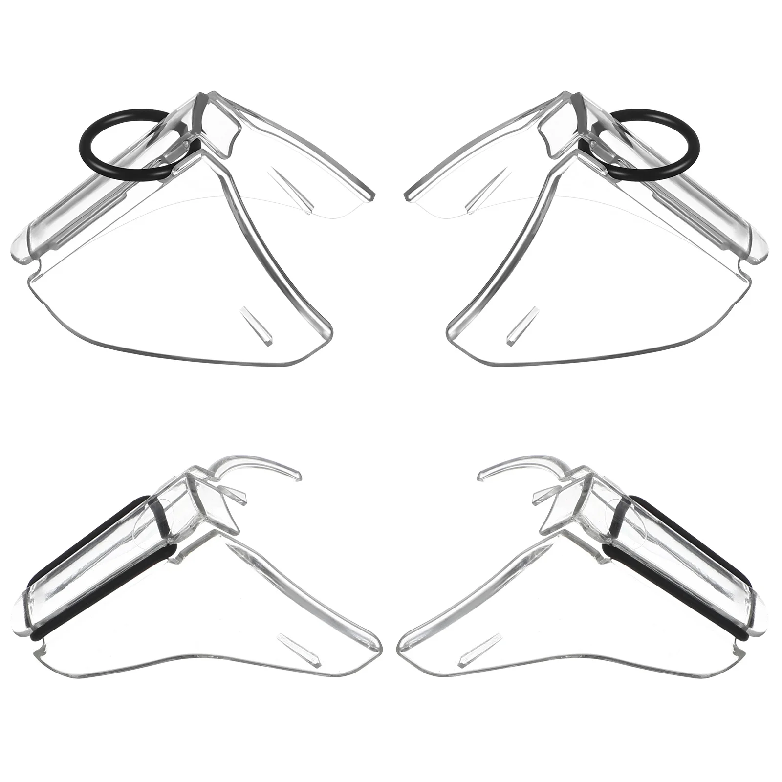 Vue rapprochée des boucliers de sécurité anti-éclaboussures, clipsés sur les branches de lunettes, avec un design ajustable.