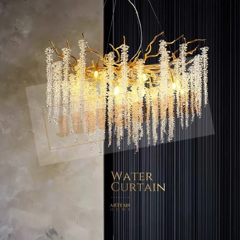 

Morden LED Art Strip Crystal Ceiling Chandeliers Branch Living Dining Room Pendant Lamp Villa Hall Hanging Light Lustre Decor