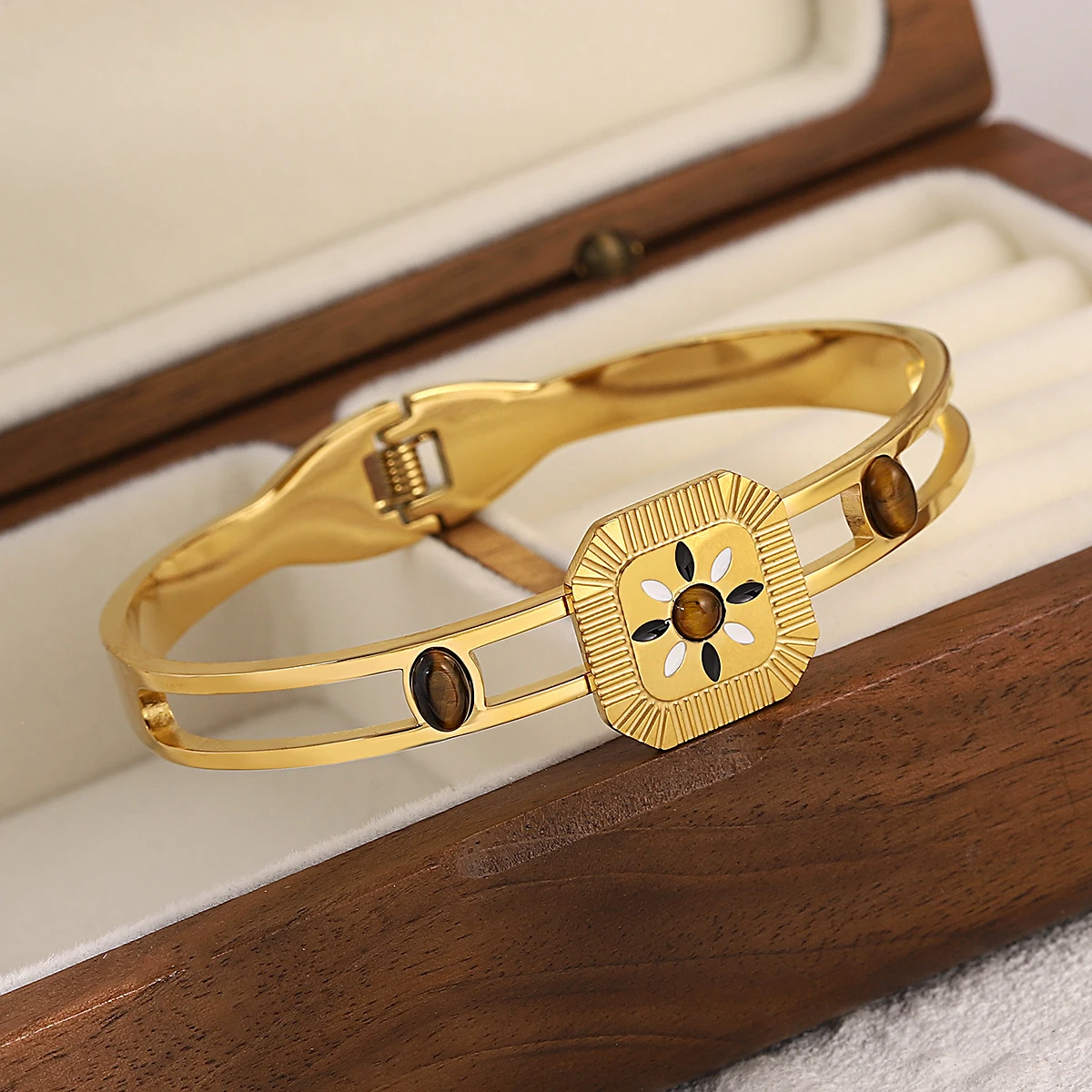 AENSOA Boho Stylish Inlay Stone Enamel Stainless Steel Bangles