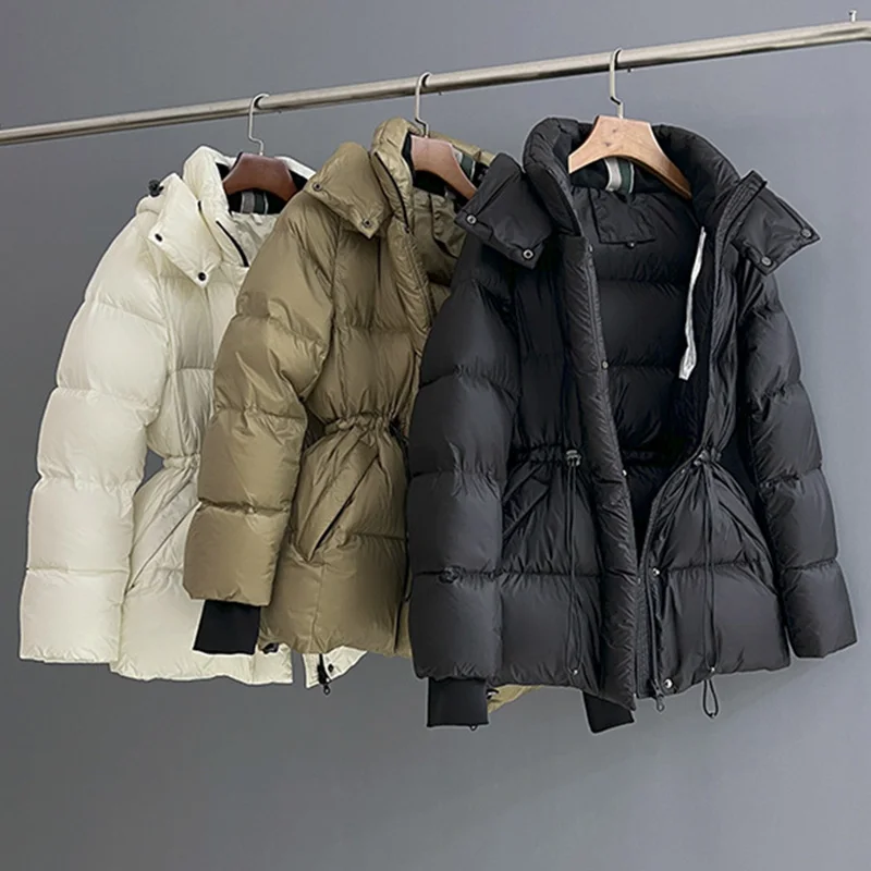 Winter New Stand Collar Thick Down Jacket Women Medium Long Hooded Casual Warm Zipper Drawstring Slim Puffer Jacket Trend Autumn loose solid color simple trend fashion stand collar top autumn and winter new style plus velvet thick warm down jacket