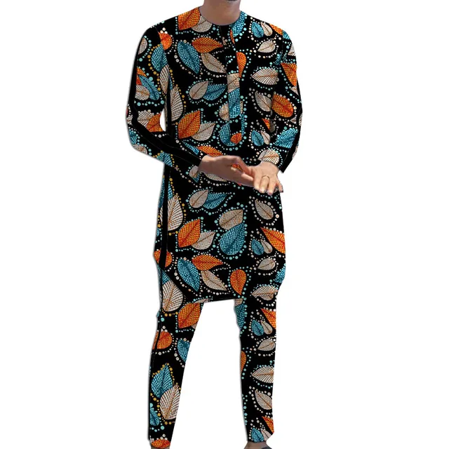Abito da sposo con striscia nera Camicie + pantaloni con design patchwork Set di pantaloni da uomo stampati African Couture 5