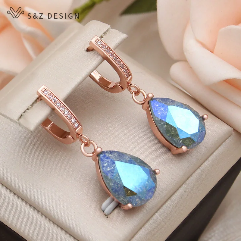 S&Z DESIGN New Fashion Cubic Zirconia Water Drop Ice Crack Crystal Dangle Earrings For Women 585 Rose Gold Color Eardrop Jewelry