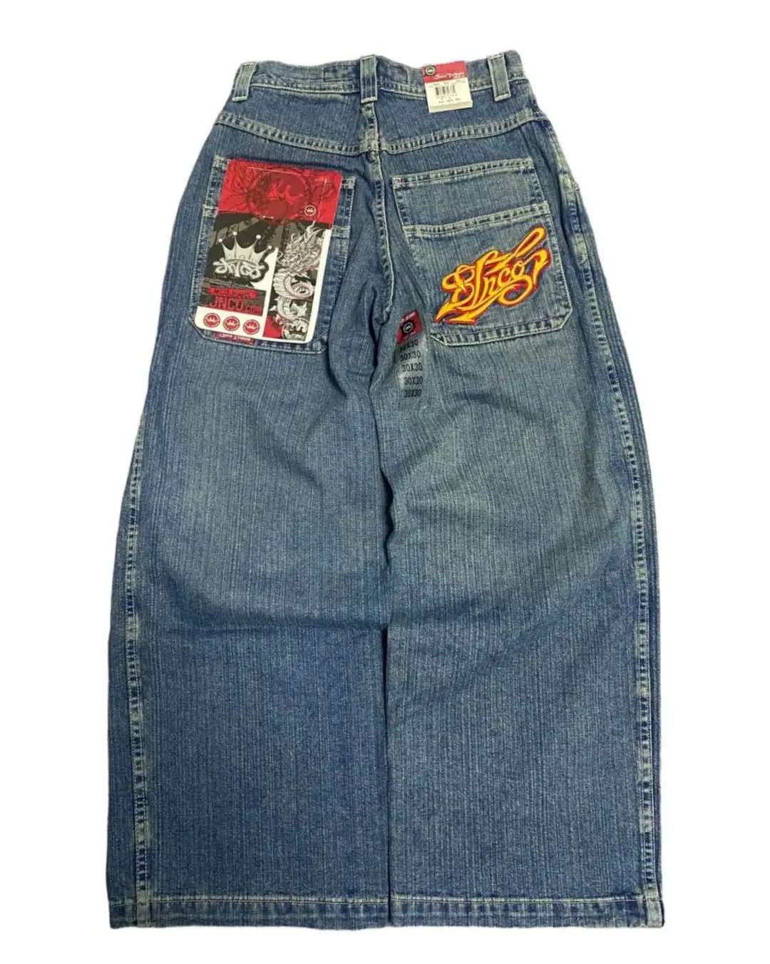 

Vintage Harajuku Hip Hop JNCO Jeans New Y2K Letter Embroidered Baggy Jeans Denim Pants Mens Womens Goth High Waist Wide Trousers