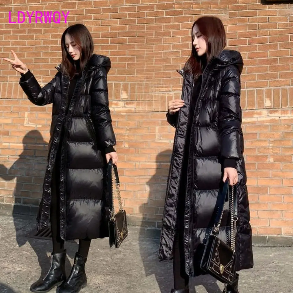 2023 New Black Cotton Coat Korean Version Long Bright Face Cotton Coat Women's Thickened Slim Fit Cotton Coat бумага epson c13s450270 fine art cotton smooth bright 300г м2 43 см x 15 м