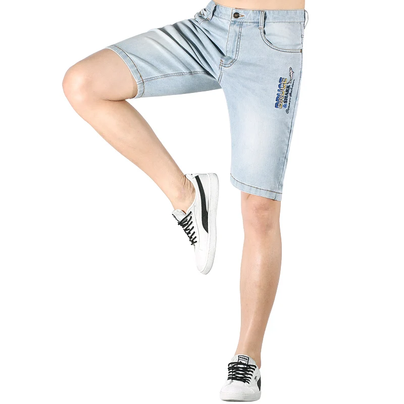 Summer New Men's Light Blue Jeans Shorts Bruce&Shark Thin Stretch Soften Cotton Denim Shorts Men Classic Mid Rise Jeans