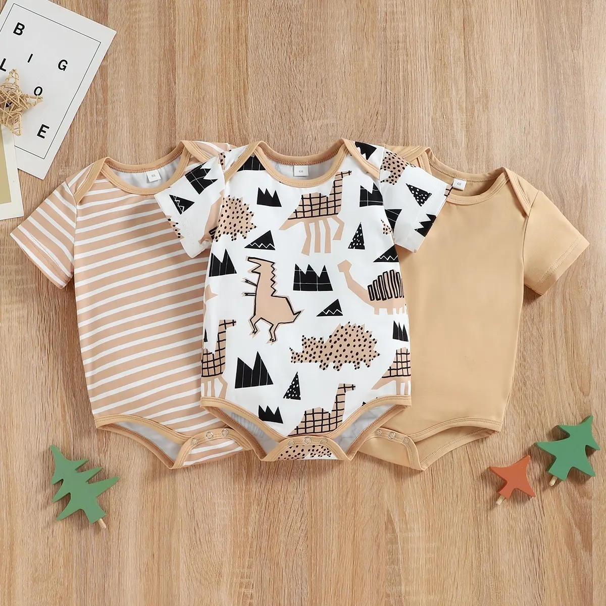 3PCS Baby Multi Color Round Neck Short Sleeve Romper Bodysuits Set  Newborn Cute Baby Clothing