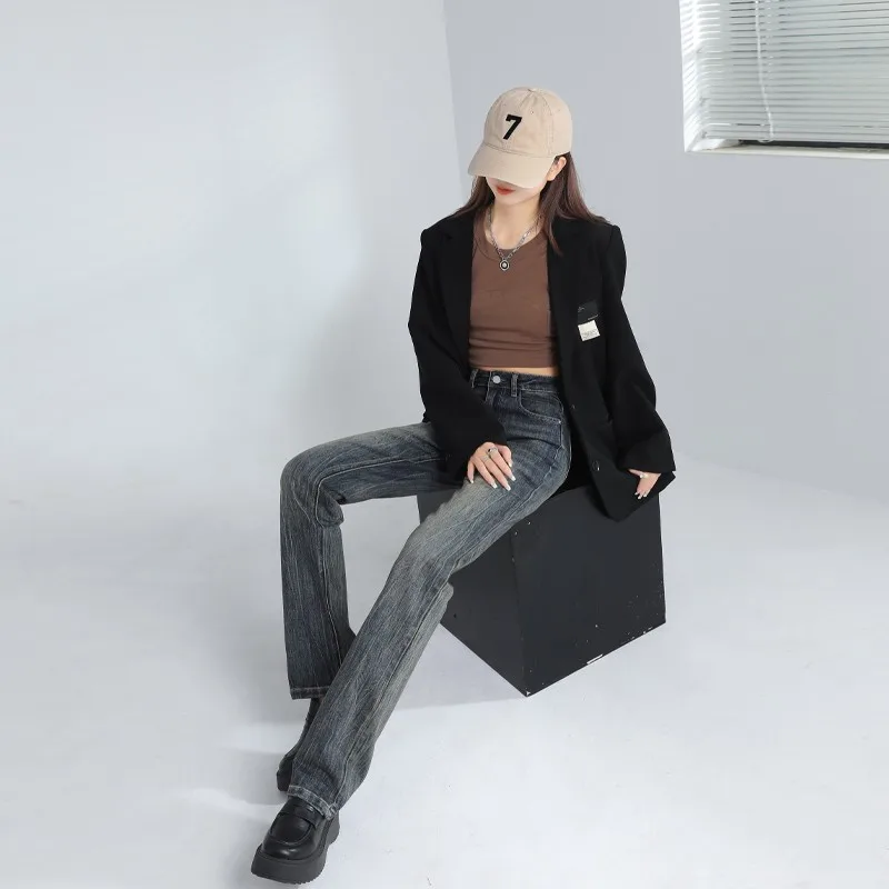 GUUZYUVIZ 2023 가을 겨울 타이 염색 레트로 블루 헤비 크래프트 워시, 느슨한 미국 바닥, 높이 올라가는 청바지