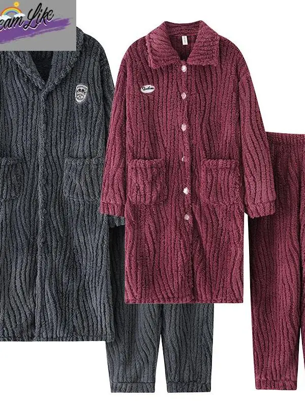 커플 코랄 플리스 잠옷 세트, 두꺼운 따뜻한 플란넬 수면복, 가을 겨울용, 큰 사이즈, 목욕 가운 세트, 달콤하고 귀여운 스타일, 홈웨어
