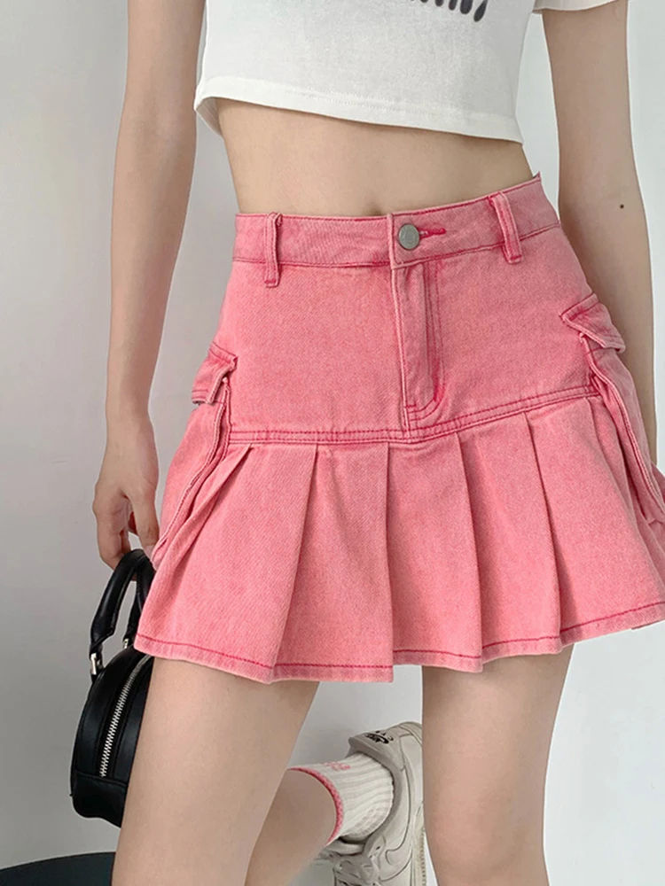 Kalevest Y2K Cargo Skirts Pink Acubi Fashion Women Skirts Korean Style