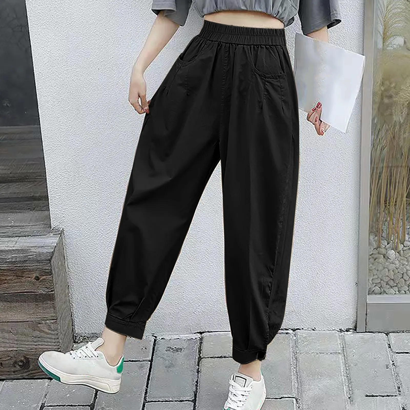 

Women Harlan Pants Loose High Waist Versatile Elastic Waist Plus Size Pants Fashion Solid Pockets Classic Summer Thin Comfy Pant