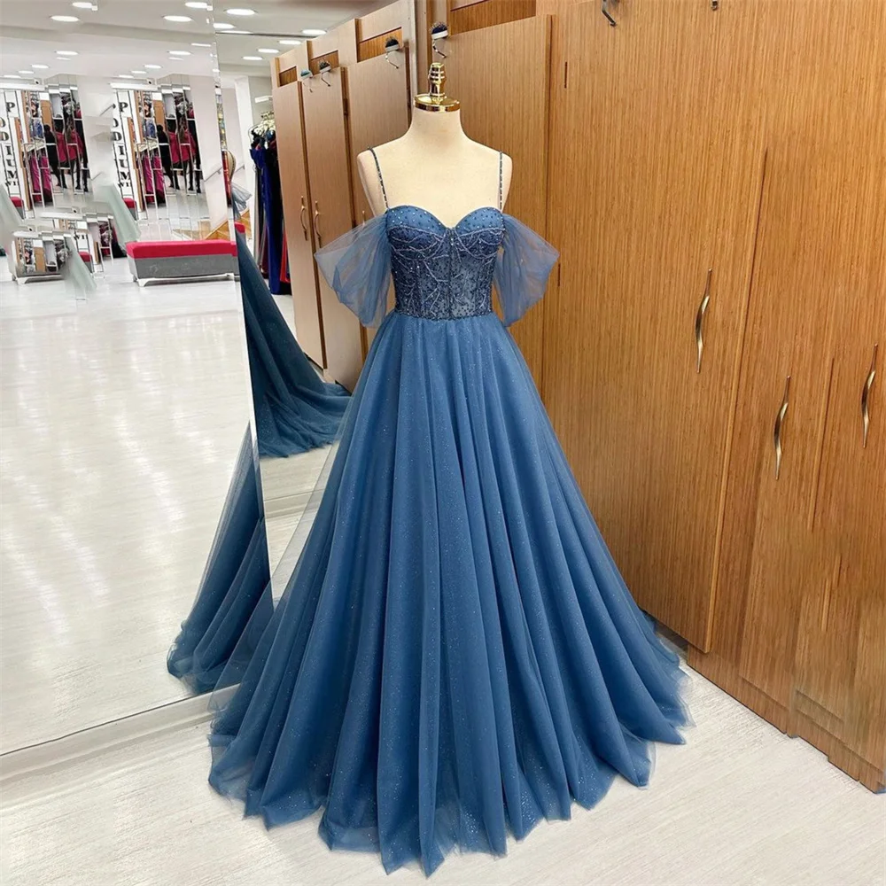 

Lily Sweetheart Net Charming Prom Dress Gown Beading Spaghetti Strap Formal Gown Shining A Line Evening Gown vestidos de noche