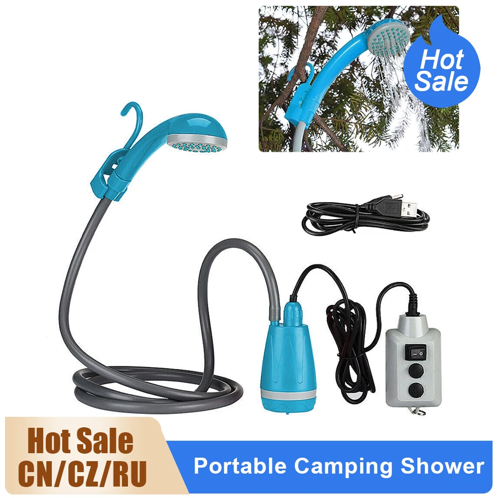 Electric Shower Pump Portable Camping Shower Outdoor Camping Shower Pump Rechargeable Head and Folding Bucket for Hiking Traveling