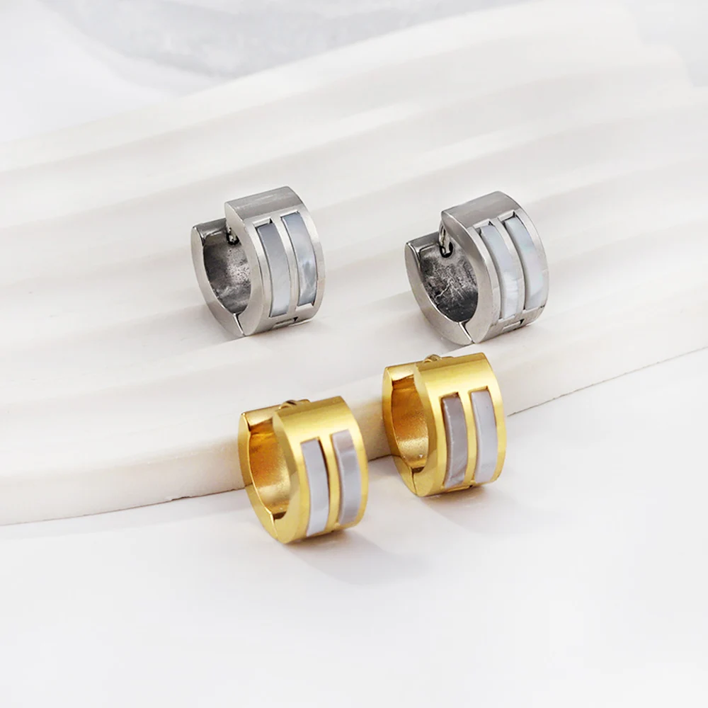 LUXUSTEEL 펑크 락 화이트 쉘 스테인리스 스틸 후프 귀걸이, 남녀공용, 금도금 실버 컬러, 원형 클립 귀걸이