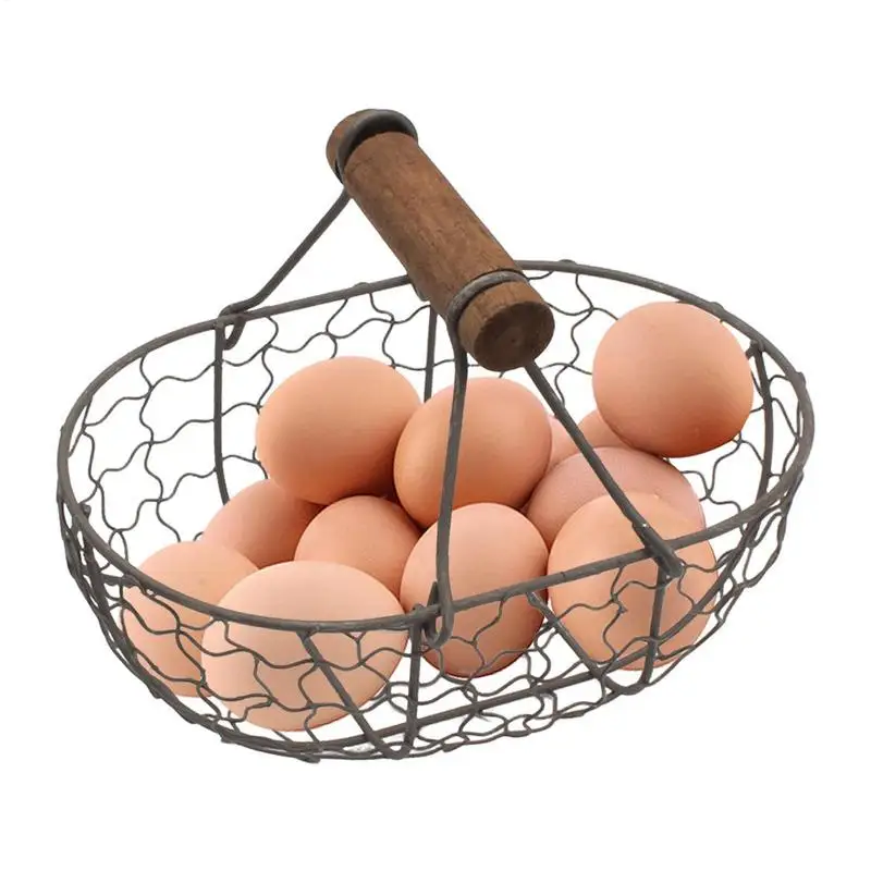 Cestino portaoggetti per uova da cucina Cestino per frutta creativo Portaoggetti per contenitore per verdure in ferro retrò con manico in legno