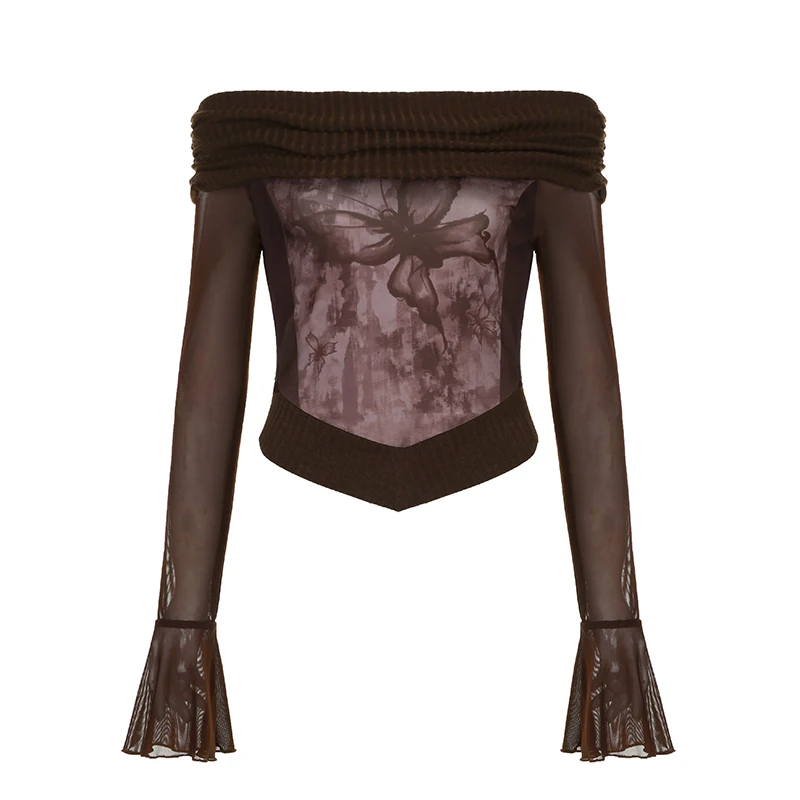 Top de mujer con mangas acampanadas y hombros descubiertos, estilo patchwork, estilo Y2K, estilo grunge, corte entallado, estilo vintage sexy, otoño de los años 2000