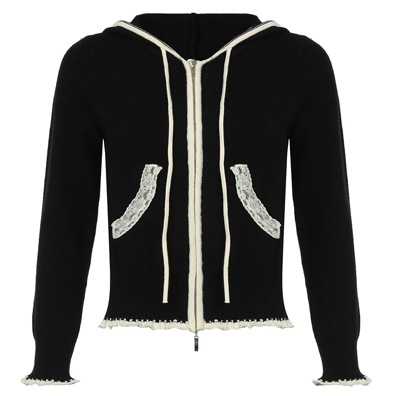 Black Lace Trim Knitted Sweater Cardigan Women Autumn Winter New Coat Sweet Basic All-Match Fashion 5