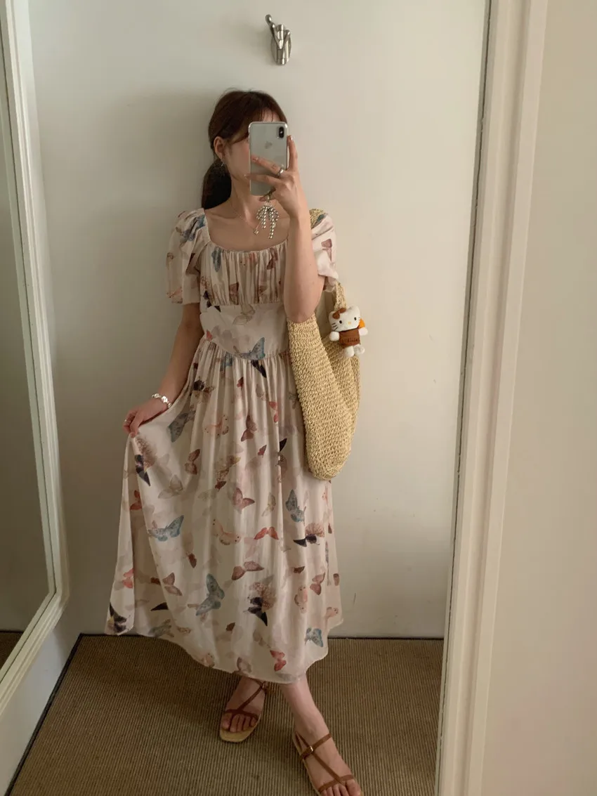 Französisch Retro Sommer neue schlanke Frauen Kleid Milch Kaffee Aprikose Puff Ärmel Kleider weiblich schick süß elegant Dame Frau Kleid – Detail 21