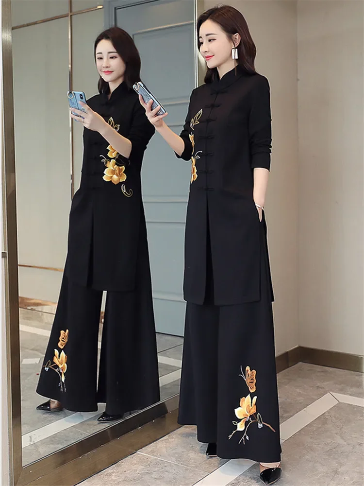 

Chinese Style Two Piece Set Women Fashion National Embroidered Wide Leg Pants Clothing Vintage Suit Conjuntos De Mujer