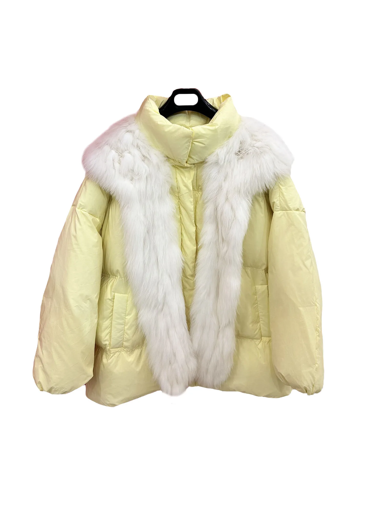 

Down jacket stand-up collar short loose version splicing hair collar design warm and comfortable 2023 winter new 1213
