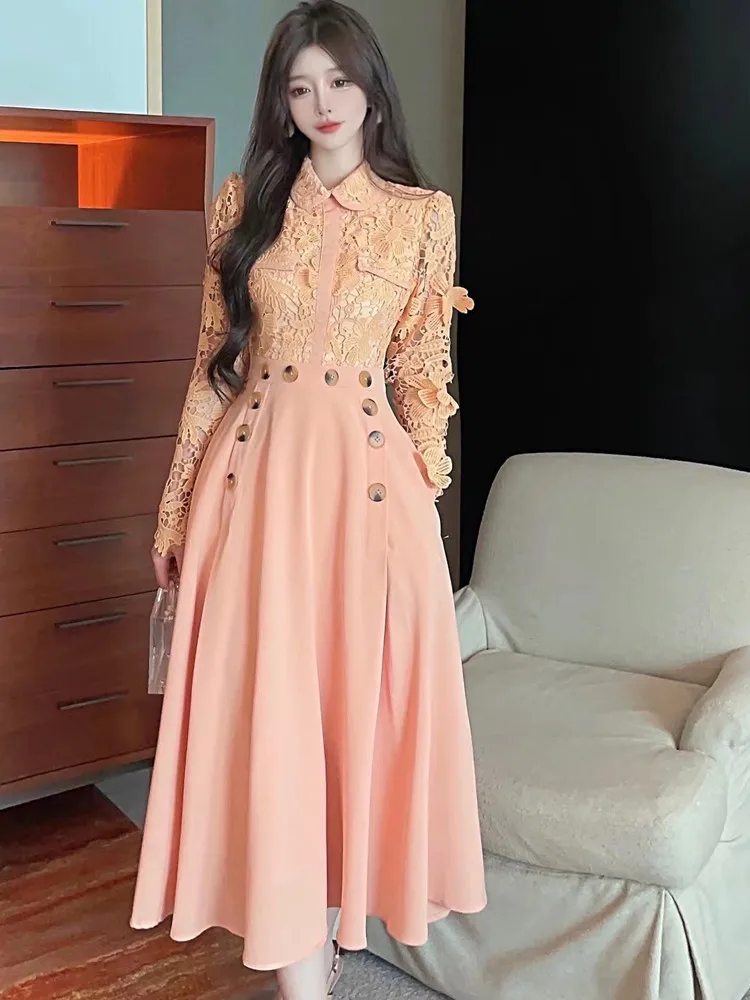 

Coigarsam High-Quality New Autumn Winter Lace Hollow Out Embroidery Full Sleeve 3D Butterfly Slim Waist Runway Long Dress