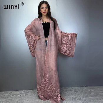 WINYI kimono Hand-dyed embroidered cardigan beachwear evening dress abaya dubai luxury cover-ups beach outfits women maxi coat 1