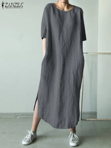 2022 ZANZEA 여성 오 넥 짧은 소매 Sundress 여름 솔리드 코튼 린넨 드레스 스플릿 롱 Vestido 여성 로브 캐주얼 파티 드레스 2