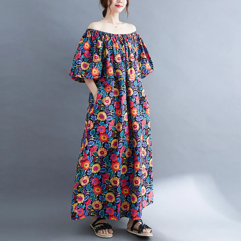 Vintage One-shoulder Dress Women's Clothing 2022 New Summer Dress Short Sleeve A-line Holiday Floral Dress D1873