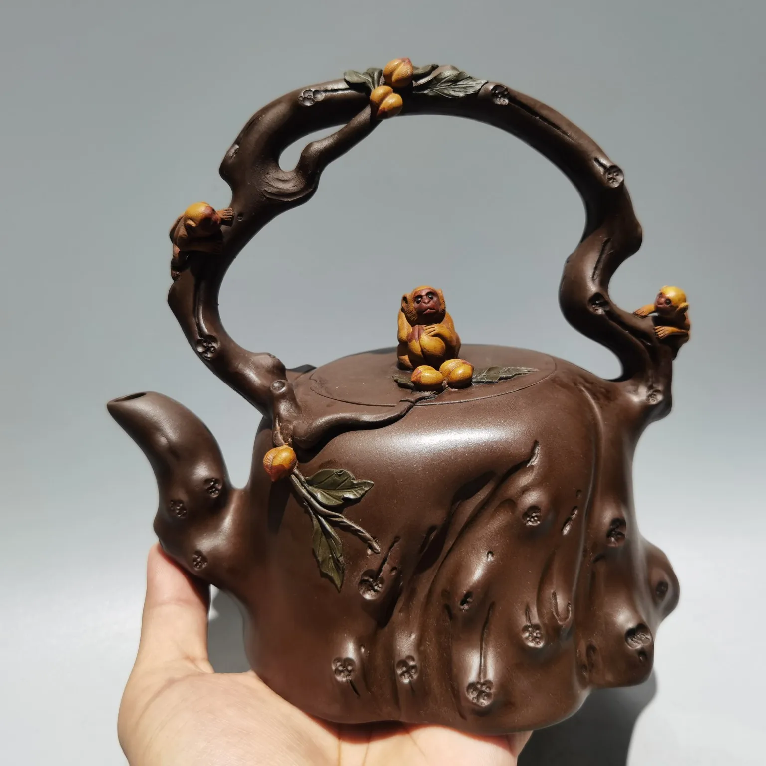 

7"Chinese Yixing Zisha Pottery monkey root Lifting beam pot teapot purple clay pot kettle purple mud Ornaments Gather fortune